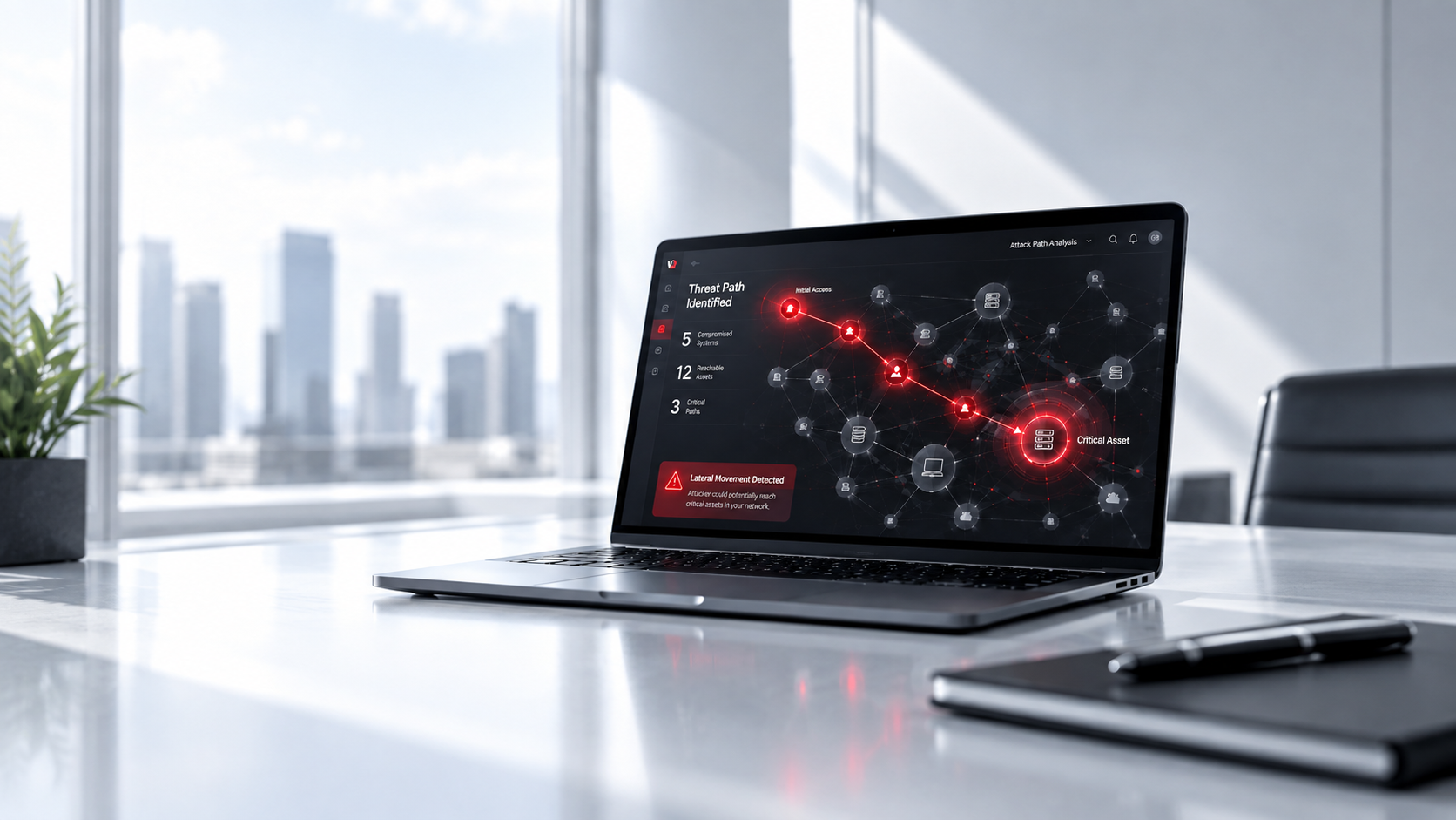Laptop showing an attack path analysis dashboard with a red lateral-movement path
